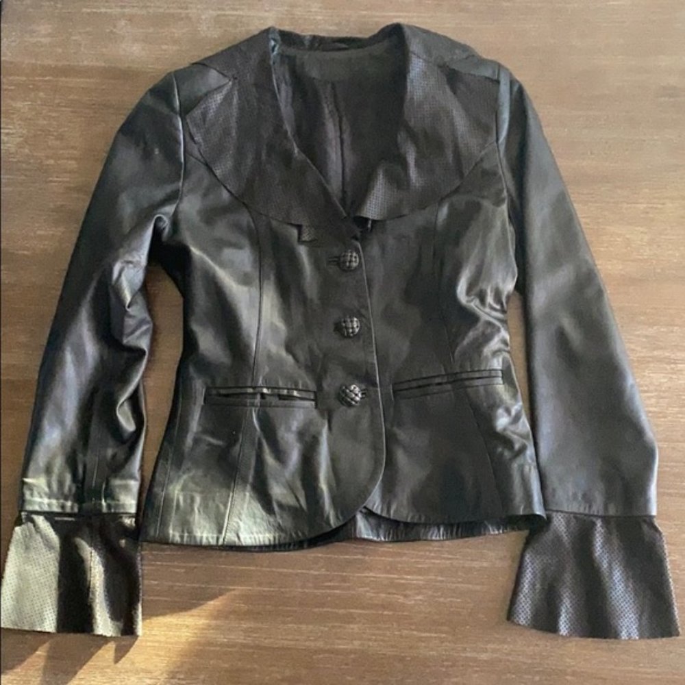 Kircilar Black Turkish Leather Ruffle Jacket